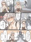  ... 1girl 1other absurdres anger_vein arknights black_coat black_shorts breasts cleavage coat collarbone doctor_(arknights) eighth_note fartooth_(arknights) feather_hair grey_hair high-waist_shorts highres hood hood_up hooded_coat kaguura_(kagu) large_breasts leaf long_hair long_sleeves mask musical_note outdoors shirt shorts sitting speech_bubble translation_request very_long_hair white_shirt yellow_eyes 