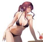  1girl absurdres alternate_costume arm_behind_back arm_support bikini black_bikini breasts clisapex cocktail_glass cup drinking_glass drinking_straw eyewear_on_head food fruit halterneck highres honkai:_star_rail honkai_(series) kafka_(honkai:_star_rail) leaning_forward leaning_on_table long_hair looking_at_viewer looking_to_the_side medium_breasts navel no_pupils orange_(fruit) orange_slice parted_lips pince-nez ponytail purple_eyes purple_hair round_eyewear round_table sideboob sidelocks simple_background solo stomach strap_gap string_bikini swimsuit table tropical_drink white_background wooden_table 