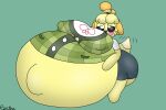  animal_crossing aroused belly big_belly big_breasts big_butt blue_clothing blush breasts butt clothing female green_clothing hand_on_stomach huge_breasts huge_butt hyper hyper_belly hyper_navel hyper_outie hyper_pregnancy isabelle_(animal_crossing) nintendo nipple_outline pregnant reathe simple_background solo tail tail_motion tailwag tight_clothing yellow_body 
