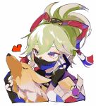  black_mask dog genshin_impact gloves green_hair heart jacket kuki_shinobu loomyoi2 mask mouth_mask ninja ninja_mask partially_fingerless_gloves purple_jacket rope shimenawa 