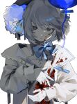  1girl :| absurdres blood blood_on_clothes blood_on_hands blue_bow blue_bowtie blue_eyes blue_headwear bow bowtie closed_mouth expressionless highres jacket long_sleeves looking_at_viewer original pale_skin shade short_hair simple_background solo toasu upper_body white_background white_hair white_jacket 