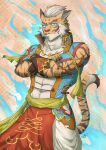  abs absurd_res anthro armor blue_eyes clothed clothing felid fire fur hair hi_res lin_hu looking_at_viewer male mammal muscular muscular_anthro muscular_male nekojishi pantherine pecs piercing_eyes pinup pistacho pose simple_background solo stripes studio_klondike tail tiger visual_novel 