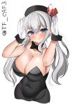 1girl absurdres alternate_costume bare_shoulders black_bow black_bowtie black_leotard black_pantyhose blue_eyes blush bow bowtie breasts cleavage covered_navel detached_collar grey_hair highleg highleg_leotard highres kantai_collection kashima_(kancolle) large_breasts leotard long_hair looking_at_viewer pantyhose playboy_bunny smile solo strapless strapless_leotard tf_cafe traditional_bowtie twintails wavy_hair wrist_cuffs 