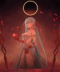  1girl absurdres armlet bare_shoulders belly_chain body_markings bracelet breasts cleavage colored_skin durga_(fate) earrings eclipse fate/grand_order fate_(series) flower gradient_skin grey_hair hair_ribbon highres jewelry large_breasts long_hair pelvic_curtain petals quatthro red_eyes red_skin revealing_clothes ribbon sash snake solo thighs thumb_ring very_long_hair wading water weapon 