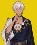  1boy blue_eyes character_doll dark_skin earrings green_eyes highres ibrahim_(nijisanji) indonesian_clothes jewelry kanakan1218 male_focus nijisanji pectoral_cleavage pectorals simple_background solo tassel tassel_earrings virtual_youtuber white_hair yellow_background 