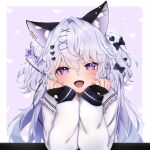  1girl :d animal_ear_fluff animal_ears black_gloves blue_hair cat_ears cat_girl fangs fingerless_gloves gloves hanazome_uta highres indie_virtual_youtuber light_blue_hair long_hair long_sleeves looking_at_viewer open_mouth purple_eyes skin_fangs smile sweater two_side_up virtual_youtuber white_sweater yomayoi_yura 