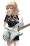  1girl absurdres black_shirt black_shorts blonde_hair blue_eyes blush bottle breasts electric_guitar guitar highres holding holding_instrument idolmaster idolmaster_cinderella_girls instrument lamp_p9 long_hair medium_breasts ohtsuki_yui open_mouth shirt shorts simple_background smile solo water_bottle wavy_hair 