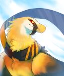 absurd_res ambiguous_gender avian beak chest_tuft feral gradient_body hi_res kuttoyaki mouth_closed neck_tuft orange_body red_sclera simple_background solo tuft yellow_body yellow_eyes 