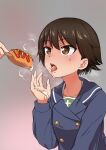  1girl absurdres aomushi_(mushamusha) bike_shorts blue_jacket brown_eyes brown_hair cum cum_on_hands food girls_und_panzer grey_background highres holding holding_food isobe_noriko jacket ooarai_military_uniform pulque short_hair simulated_bukkake steaming_body suggestive_fluid sweat tomboy tongue tongue_out 