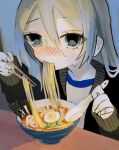  1girl black_jacket blonde_hair blush bowl chaashuu_(food) chinese_spoon chopsticks commentary eating fingernails food food_in_mouth hair_between_eyes hands_up highres holding holding_chopsticks holding_spoon hot jacket long_hair long_sleeves looking_at_viewer noodles nori_(seaweed) nose_blush open_clothes open_jacket original ramen shirt slurping softboiled_egg solo soup spoon straight_hair sweat upper_body urokogaran white_shirt 