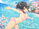  1girl absurdres armpits ass asuka_(senran_kagura) beach bikini black_hair blue_sky blush breasts brown_eyes bush butt_crack cleavage cloud coconut coconut_tree day falling_petals floral_print flower grass groin hair_ribbon highres horizon hut large_breasts median_furrow ocean official_art open_mouth outdoors palm_tree petals petals_on_liquid pink_bikini pink_flower pink_ribbon pink_scarf ponytail print_bikini red_scarf ribbon sand scarf senran_kagura senran_kagura_new_link senran_kagura_shoujo-tachi_no_shin&#039;ei shore sky smile solo swimsuit tree underboob water water_drop wet wristband yaegashi_nan yellow_flower 