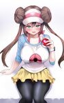  1girl black_pantyhose breasts brown_hair collarbone commentary_request double_bun doughnut_hair_bun fingernails green_eyes grey_background hair_between_eyes hair_bun highres holding holding_poke_ball large_breasts long_hair looking_at_viewer okuri_banto open_mouth pantyhose poke_ball poke_ball_(basic) pokemon pokemon_(game) pokemon_bw2 raglan_sleeves rosa_(pokemon) shorts sitting smile solo sweat twintails visor_cap yellow_shorts 