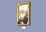  1000-nen_ikiteru_(vocaloid) 1girl angela_(project_moon) ascot blue_background blue_coat blue_hair closed_mouth coat fei_se_wuya gloves library_of_ruina long_sleeves picture_frame project_moon short_hair simple_background solo white_ascot white_gloves yellow_eyes 