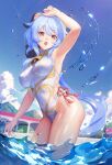 1girl :o alternate_costume arm_up armpits bare_arms bare_shoulders bell blue_hair breasts clothing_cutout covered_navel covered_nipples cowbell day ganyu_(genshin_impact) genshin_impact goat_horns highleg highleg_swimsuit highres horns long_hair looking_at_viewer low_ponytail medium_breasts one-piece_swimsuit open_mouth outdoors purple_eyes side_cutout solo swimsuit thighs very_long_hair wading water wet white_one-piece_swimsuit y.i._(lave2217) 