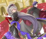  1boy 1girl black_hair cape dress fire_emblem fire_emblem:_genealogy_of_the_holy_war fire_emblem:_thracia_776 hair_ornament highres ishtar_(fire_emblem) ishtar_(soiree)_(fire_emblem) jewelry long_hair musical_note purple_eyes reinhardt_(fire_emblem) reinhardt_(soiree)_(fire_emblem) v18joahgd2gg7ss very_long_hair 