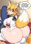  1boy 1girl aged_up alternate_breast_size animal_ears artist_self-insert ass blonde_hair bottomless breasts english_text faceless faceless_male fox_ears fox_girl fox_tail highres huge_ass igxxiii large_breasts looking_back senko_(sewayaki_kitsune_no_senko-san) sewayaki_kitsune_no_senko-san short_hair shortstack signature sitting_on_face solo_focus sweat tail thick_thighs thighhighs thighs white_thighhighs yellow_eyes 