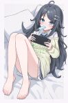  1girl absurdres ahoge bare_legs barefoot bed_sheet black_hair blue_bow blue_bowtie blue_eyes blush border bow bowtie collared_shirt commentary_request commission convenient_leg english_text eyelashes feet food green_shirt hair_ornament hairclip highres holding icetea774 indoors inohara_koboshi knees_together_feet_apart knees_up legs long_hair long_sleeves lying mouth_hold nintendo_switch off_shoulder on_back ongeki parted_bangs pillow pleated_skirt popsicle school_uniform shadow shirt sidelocks skeb_commission skirt solo striped striped_bow striped_bowtie sweater swept_bangs thighs toenails toes white_border white_shirt 