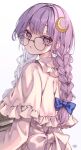  1girl alternate_hairstyle braid crescent crescent_hair_ornament dress glasses hair_ornament highres long_hair long_sleeves open_mouth patchouli_knowledge purple_dress purple_eyes purple_hair round_eyewear signature solo touhou twin_braids upper_body white_background yuineko 