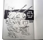  absurdres bundeswehr cross english_commentary greyscale highres ink_(medium) iron_cross mecha military monochrome no_humans original patso_catso photo_(medium) robot science_fiction solo standing traditional_media walker 