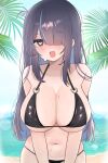  1girl :d absurdres bare_shoulders beach bikini black_bikini black_hair blue_hair blue_sky blunt_bangs blush breasts cleavage collarbone day fang hair_over_one_eye halterneck heart heart-shaped_pupils highres horizon huge_breasts large_breasts leaning_forward long_hair looking_at_viewer meiwowowo mole mole_on_breast mole_on_cheek mole_on_stomach multicolored_hair navel o-ring o-ring_bikini ocean open_mouth original outdoors palm_leaf palm_tree sand sidelocks skin_fang skindentation sky smile solo standing stomach sweat swimsuit symbol-shaped_pupils tree two-tone_hair upper_body very_long_hair water wet 