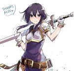  1girl armor belt black_hair breastplate english_text fire_emblem fire_emblem:_genealogy_of_the_holy_war gloves highres holding holding_sword holding_weapon lala_(sputnik) larcei_(fire_emblem) looking_at_viewer purple_tunic scabbard sheath shoulder_armor sidelocks sword weapon white_background 