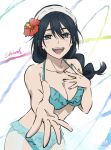  1girl amanai_riko black_hair breasts flower grey_eyes hair_flower hair_ornament jujutsu_kaisen large_breasts looking_at_viewer open_hand open_mouth red_flower shiima solo swimsuit upper_body 