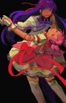  2girls akemi_homura black_background bow bowtie dancing dress dress_bow dummy faceless gloves hair_ribbon hand_on_another&#039;s_shoulder highres holding_hands kaname_madoka long_hair mahou_shoujo_madoka_magica multiple_girls open_mouth pink_dress pink_eyes pink_hair purple_bow purple_bowtie purple_hair red_ribbon ribbon short_twintails simple_background thighhighs twintails white_gloves white_thighhighs wintrchu 