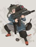  1girl absurdres animal_ears black_headwear black_pants braid braided_ponytail cat_ears frying_pan grey_hair gun highres long_hair original pants polilla purple_eyes solo sweat tearing_up weapon 