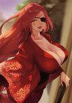 1girl baiken breasts cane cleavage eyepatch guilty_gear guilty_gear_strive highres huge_breasts jako_(toyprn) japanese_clothes kimono large_breasts long_hair looking_at_viewer outdoors red_eyes red_hair red_kimono smile solo yukata 