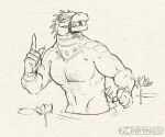  anthro chest_tattoo claws crocodile crocodilian crocodylid daylon_(dislyte) dislyte facial_markings gesture happy head_markings male markings mouth_strap muscular muscular_male nude open_mouth partially_submerged pointing reptile scalie solo tattoo teeth zinthings 