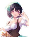  1girl absurdres bare_shoulders black_hair blush breasts cookie corset dress food hair_ornament highres holding holding_cookie holding_food looking_at_viewer medium_breasts off-shoulder_shirt off_shoulder open_mouth original red_eyes shirt short_hair simple_background smile solo tetsu_tissue white_background 