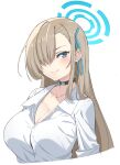  1girl absurdres asuna_(blue_archive) blonde_hair blue_archive blue_eyes blue_ribbon blush breasts choker cleavage commentary hair_over_one_eye hair_ribbon highres large_breasts long_hair looking_at_viewer mzrz ribbon shirt simple_background smile solo upper_body very_long_hair white_background white_shirt 