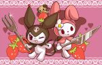  am_(am_pix) animal_hood animal_nose berry_(sanrio) demon_tail food fork fruit furry furry_female holding holding_fork holding_knife hood knife kuromi my_melody no_humans one_eye_closed onegai_my_melody open_mouth pink_background rabbit_hood red_eyes sanrio sparkle strawberry tail 