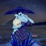  absurd_res armor big_breasts blue_body blue_clothing blue_skin blurred_background breasts clothing female hair hi_res holaxes human ice league_of_legends lips lipstick lissandra_(lol) makeup mammal mountain nails night not_furry poro_(lol) riot_games solo tongue tongue_out white_hair 