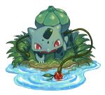 absurdres berry_(pokemon) bright_pupils bulbasaur commentary_request fangs grass highres korean_commentary leppa_berry looking_down no_humans open_mouth plant pokemon pokemon_(creature) raid_(donghyeok) red_eyes solo vines water white_pupils 