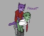  anthro bent_over blazeythewolf bottomwear bottomwear_down clothed clothing fur green_body green_fur hands_behind_back insult male male/male necktie pants pants_down partially_clothed purple_body purple_fur questionable_consent red_clothing red_necktie red_shirt red_topwear shirt slur topwear 