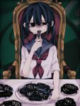 1girl 42nse1 black_hair blue_sailor_collar crying crying_with_eyes_open eating fork highres holding holding_fork holding_knife knife neckerchief on_chair open_mouth original plate red_neckerchief sailor_collar school_uniform shirt sitting solo table tablecloth tears white_shirt 