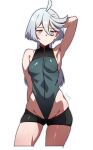  1girl adapted_costume ahoge arm_behind_head armpits batta_16-sei breasts cowboy_shot cropped_legs green_leotard grey_eyes gundam gundam_suisei_no_majo hair_between_eyes highres leotard long_hair miorine_rembran short_shorts shorts white_background white_hair 