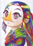  1girl absurdres beak blue_hair breasts circlet commentary_request green_eyes green_hair highres medium_breasts medli multicolored_eyes multicolored_hair o_den pointy_ears ponytail red_eyes red_hair solo the_legend_of_zelda the_legend_of_zelda:_the_wind_waker upper_body 