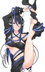  1girl :o ayumumato99 bandeau belt black_bandeau black_belt black_footwear black_hair black_jacket black_skirt blue_belt blue_hair blush breasts chest_belt cleavage collarbone commentary curled_horns demon_girl demon_horns demon_tail foot_out_of_frame grey_horns hair_between_eyes hand_on_own_leg hebiyoi_tier high_heels highres horns jacket large_breasts long_bangs long_hair long_sleeves multicolored_hair nanashi_inc. navel off_shoulder open_clothes open_jacket open_mouth pointy_ears sidelocks simple_background skirt solo split standing standing_on_one_leg standing_split tail two-tone_hair virtual_youtuber white_background yellow_eyes 