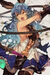  1girl animal_ears armpits attack backless_dress backless_outfit bare_shoulders blue_hair breasts brown_eyes brown_gloves brown_thighhighs cowboy_shot debris dress erune ferry_(granblue_fantasy) frilled_gloves frilled_skirt frills gloves granblue_fantasy hair_between_eyes holding holding_whip hungry_clicker long_hair looking_to_the_side medium_breasts motion_blur open_mouth serious sideboob simple_background skirt sleeveless sleeveless_dress solo thighhighs wavy_hair weapon whip white_background zettai_ryouiki 