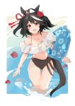  1girl :d absurdres ahoge alternate_costume animal_ears bana_(stand_flower) bikini black_bikini_bottom black_hair bob_cut flower_ornament hair_ribbon highres horse_ears horse_girl kitasan_black_(umamusume) looking_at_viewer multicolored_hair partially_submerged red_eyes red_ribbon ribbon short_hair smile solo streaked_hair swimsuit two-tone_hair umamusume white_hair 