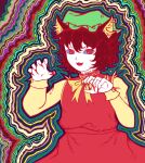  animal_ears bow brown_hair cat_ears cat_girl chen dress fingernails green_headwear hat long_sleeves looking_at_viewer louis_wain_(style) multicolored_background nail nerosik open_mouth psychedelic red_dress red_eyes short_hair touhou yellow_bow 