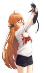  1girl :d ahoge alternate_eye_color animal arms_up ayloss behind-the-head_headphones black_shorts blush breasts cat glasses grey_eyes headphones highres holding holding_animal holding_cat long_hair looking_at_animal looking_up morgana_(persona_5) open_mouth orange_hair persona persona_5 print_shirt sakura_futaba shirt short_shorts shorts simple_background small_breasts smile thighhighs very_long_hair white_background white_shirt 