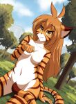  absurd_res anthro biuger building cloud felid female flora_(twokinds) forest grass hi_res mammal navel pantherine plant solo striped_body stripes tail tiger tree twokinds webcomic 