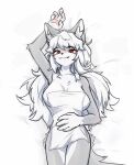  2023 anthro bed bedroom_eyes breasts canid canine canis fangs female furniture hair kloe_mone looking_at_viewer lying mammal narrowed_eyes on_bed paws red_eyes seductive solo teeth white_hair wolf 