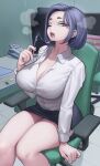  1girl absurdres arm_support black_skirt blue_eyes blue_hair breasts breath buttons chair character_request cleavage collared_shirt highres holding holding_pen large_breasts legs lentiyay lips long_sleeves looking_at_viewer medium_hair mole mole_under_eye office_chair office_lady one_eye_closed open_mouth pen phone saliva saliva_trail sexually_suggestive shirt skirt solo swivel_chair thighs tongue tongue_out white_shirt 