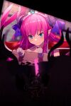  3girls armor blue_eyes blush closed_mouth commentary_request dragon_girl dragon_horns echo_(circa) elizabeth_bathory_(brave)_(fate) elizabeth_bathory_(fate) fate/grand_order fate_(series) glowstick hair_between_eyes hair_ribbon holding holding_glowstick horns long_hair multiple_girls pink_hair pointy_ears purple_horns purple_ribbon ribbon shoulder_armor silhouette tearing_up twitter_username 