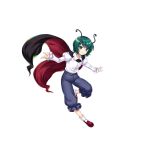  1girl antennae black_cape black_footwear blue_pants cape closed_mouth collared_shirt full_body game_cg green_eyes green_hair highres juliet_sleeves long_sleeves looking_at_viewer pants puffy_sleeves rotte_(1109) shirt short_hair simple_background smile socks solo third-party_source touhou touhou_lost_word white_background white_shirt white_socks wriggle_nightbug 