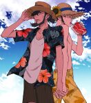  2boys alternate_costume arsene_lupin_iii black_hair cloud cloudy_sky coca-cola day drinking facial_hair goatee hair_over_one_eye hat holding_hands jigen_daisuke lupin_iii male_focus multiple_boys mzochi one_eye_covered open_clothes open_shirt outdoors shirt short_hair sideburns sky straw_hat sweatdrop topless white_shirt 